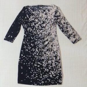 Lauren Ralph Lauren Dress Womens 10 Blue White 3/4 Sleeve Ruched Knee Length